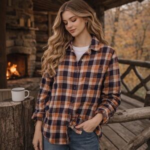 Pact Organic Cotton Plaid Flannel Button Down Shirt Rustic Boho Cozy Large